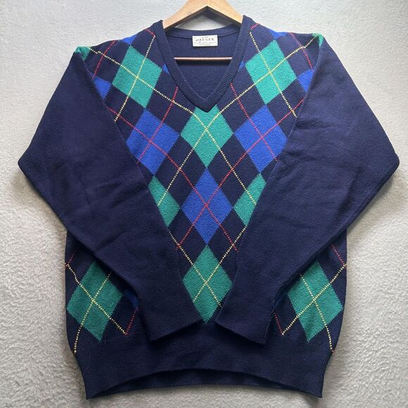 Jaeger Knitwear Sweater Mens Navy Argyle V-Neck Made in Scotland Preppy Golf - Picture 4 of 9